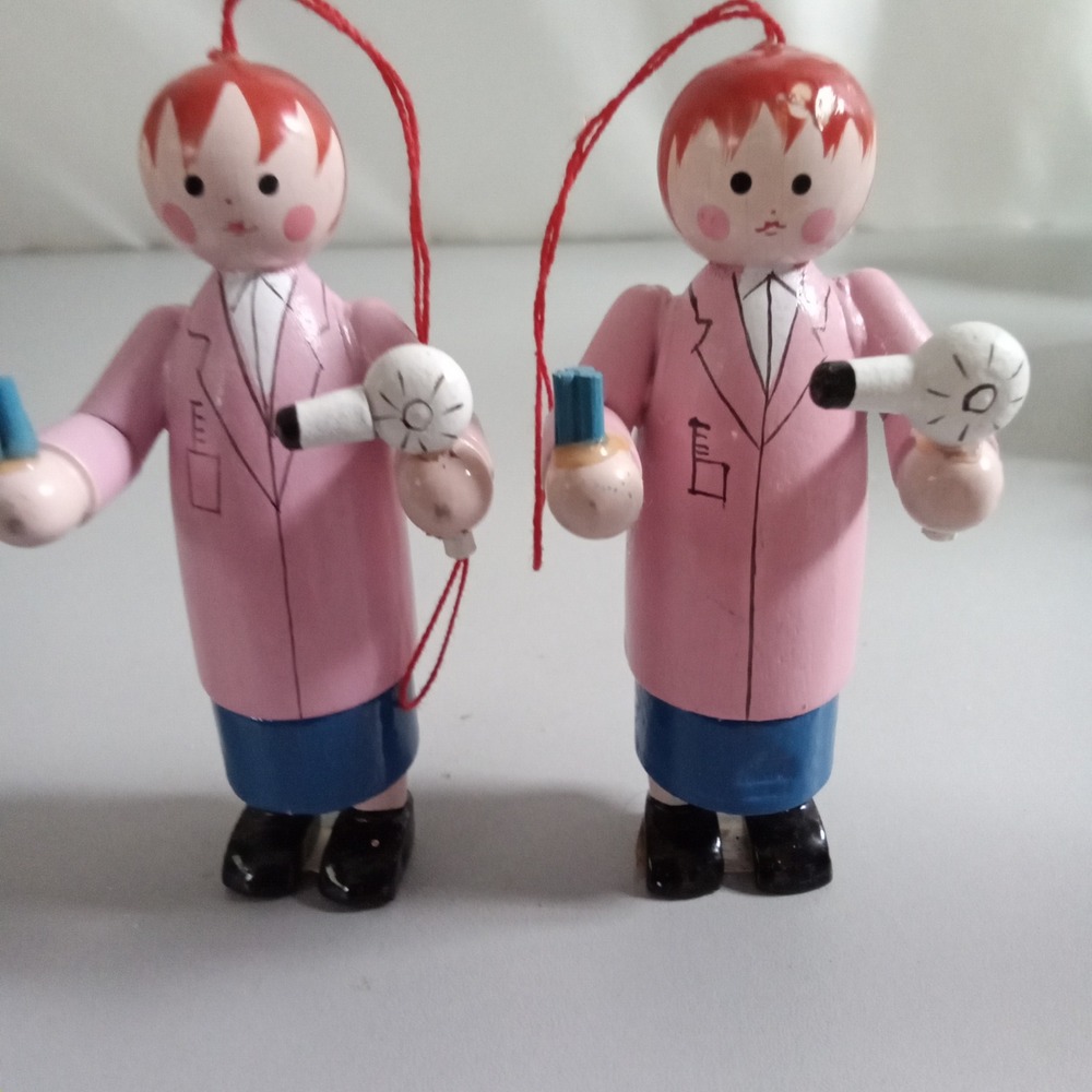 Vintage Midwest Importers Wood Hair Stylist Ornaments Set of 2 Pink Beautician